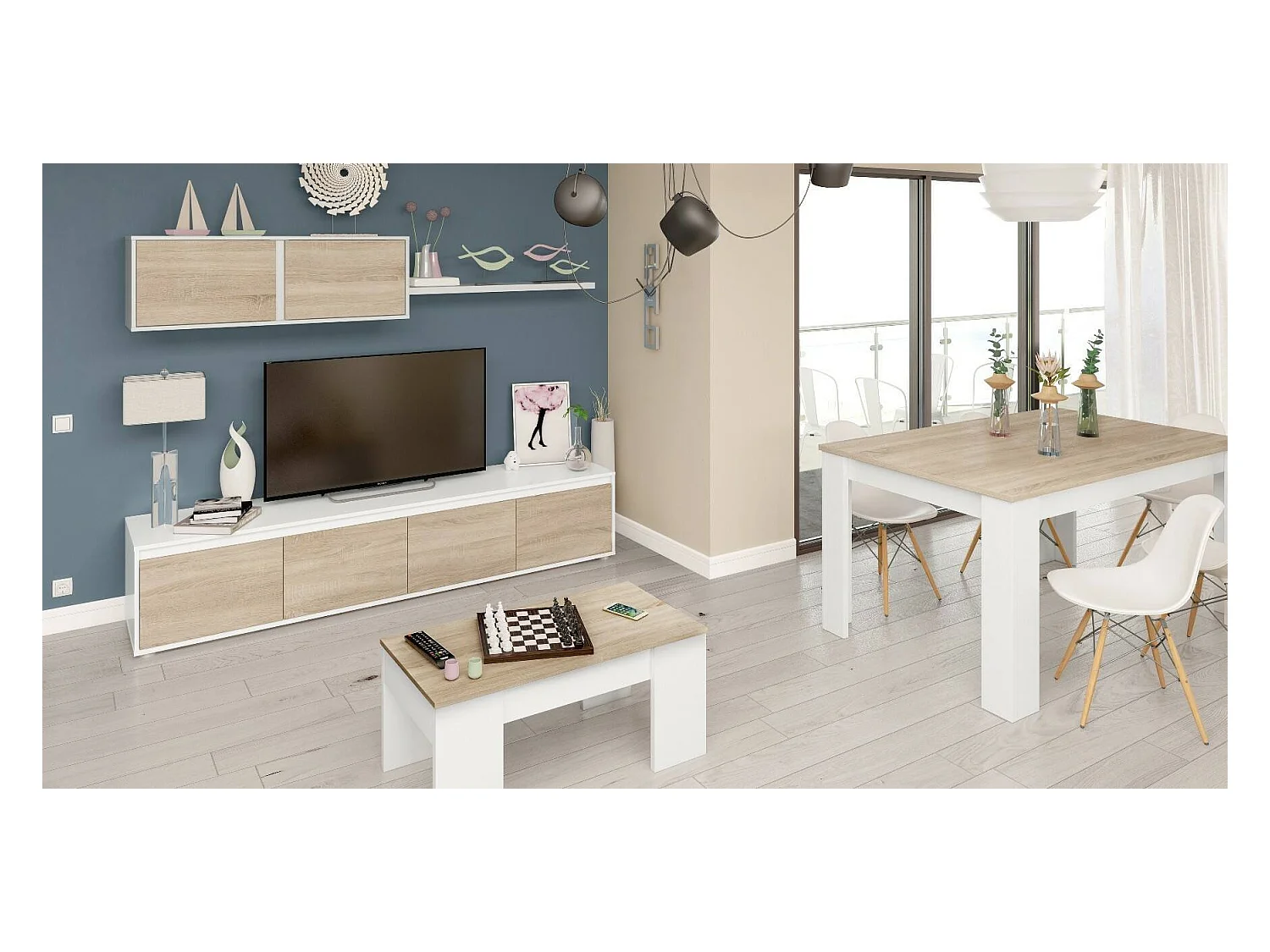 Savannah wandsysteem, TV-meubel woonkamermeubel, Samenstelling woonkamerset, Woonkamerset met wandmeubel, 200x41h43 cm, Wit en Eiken