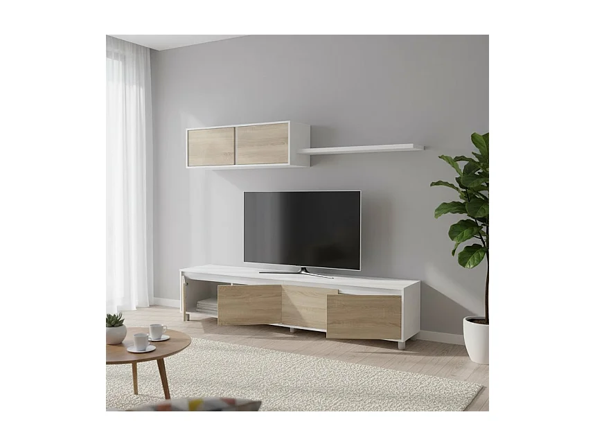 Savannah wandsysteem, TV-meubel woonkamermeubel, Samenstelling woonkamerset, Woonkamerset met wandmeubel, 200x41h43 cm, Wit en Eiken