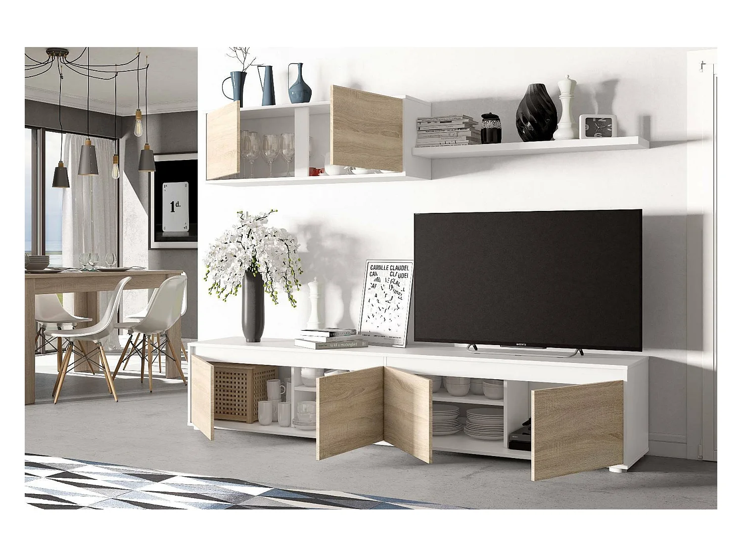 Savannah wandsysteem, TV-meubel woonkamermeubel, Samenstelling woonkamerset, Woonkamerset met wandmeubel, 200x41h43 cm, Wit en Eiken