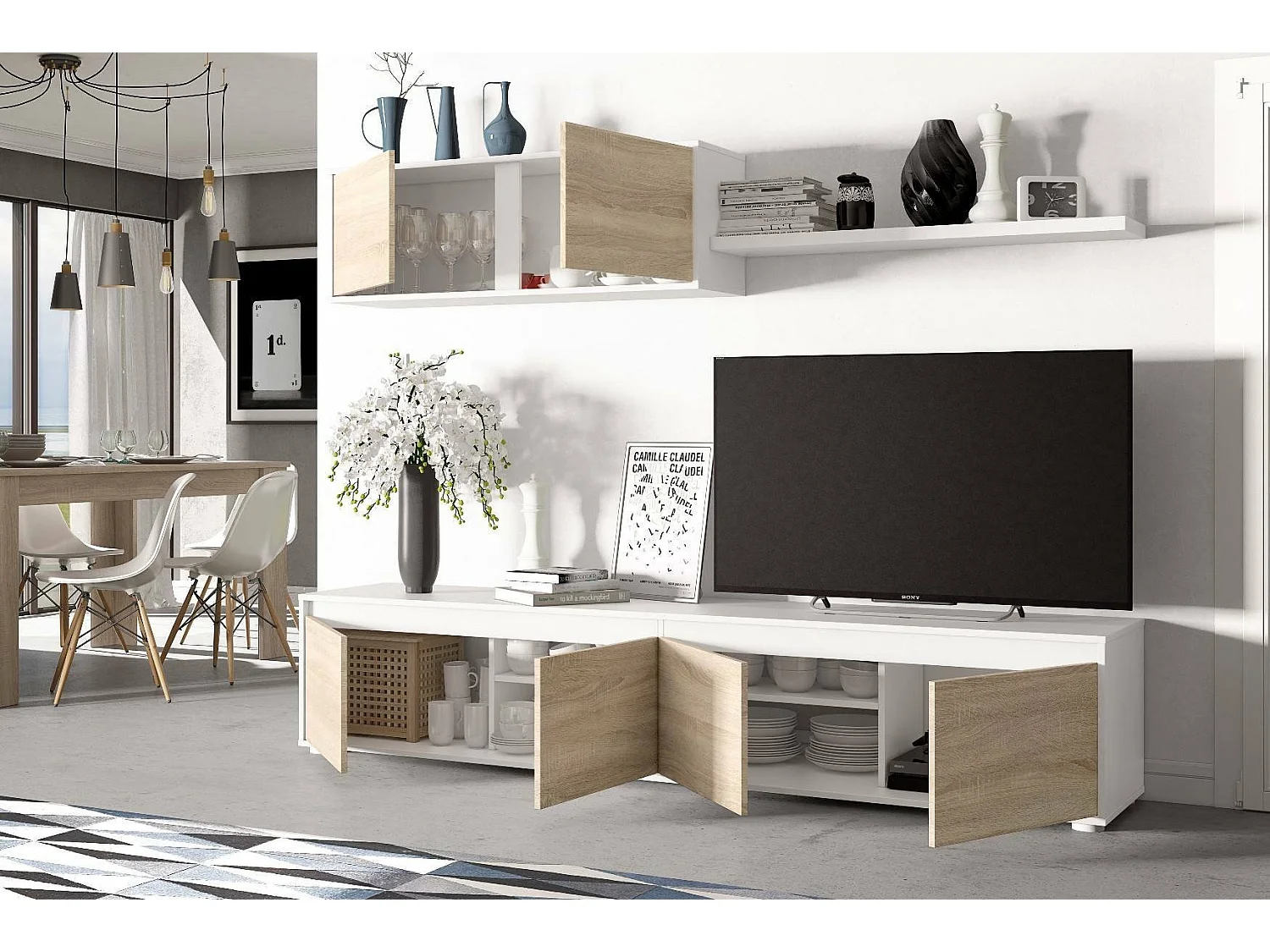 Einbaufertige Wand Savannah, TV-Ständer für Wohnzimmer, Zusammensetzung des Wohnzimmersets, Wohnzimmergarnitur mit Schrankwand, 200x41h43 cm, WeiÃŸ und Eiche