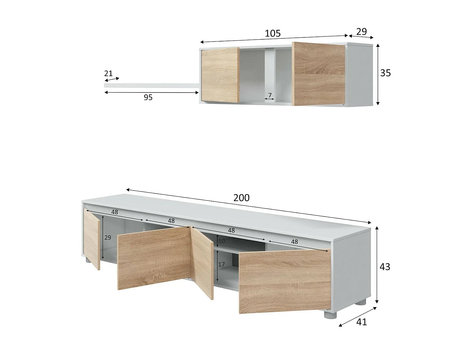 Sistema de parede Savannah, móvel de sala de TV, composição de conjunto de sala, conjunto de sala com móvel de parede, 200x41h43 cm, Branco e Carvalho