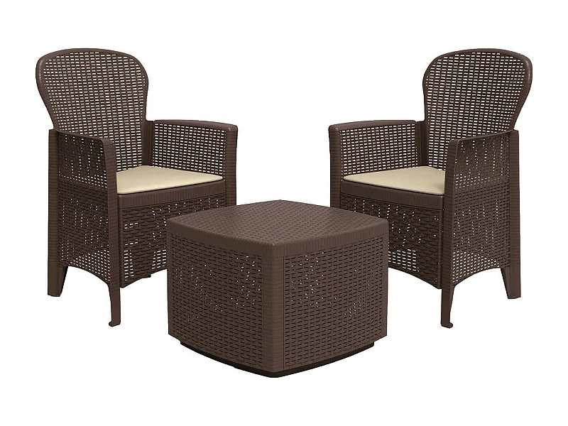 Salón de Jardín Napoli, Conjunto de jardín con 2 sillones y 1 mesa container, Zona de estar efecto ratán, 100% Made in Italy, Marrón