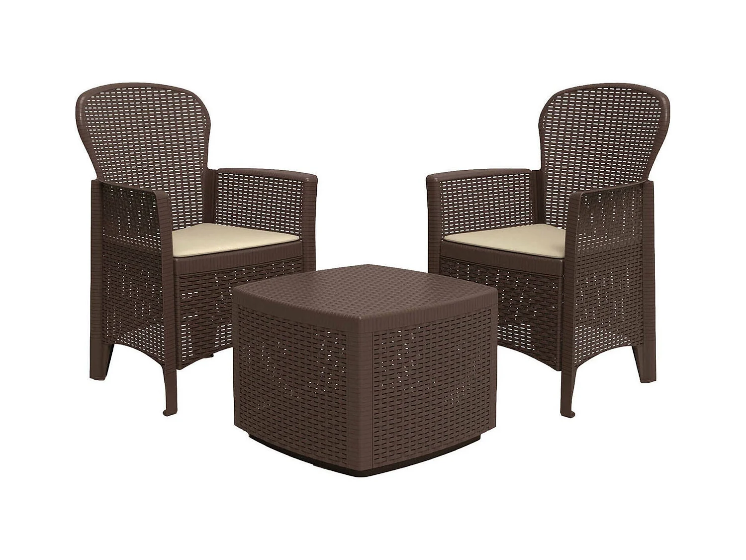 Salón de Jardín Napoli, Conjunto de jardín con 2 sillones y 1 mesa container, Zona de estar efecto ratán, 100% Made in Italy, Marrón