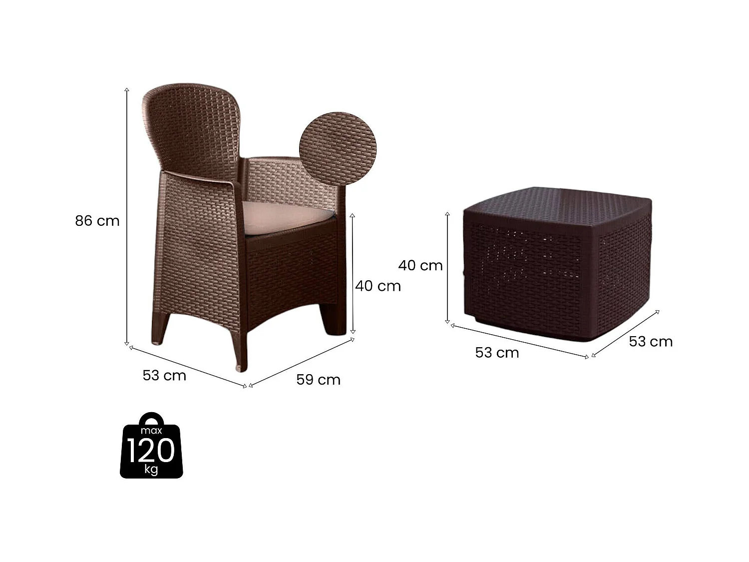 Salón de Jardín Napoli, Conjunto de jardín con 2 sillones y 1 mesa container, Zona de estar efecto ratán, 100% Made in Italy, Marrón