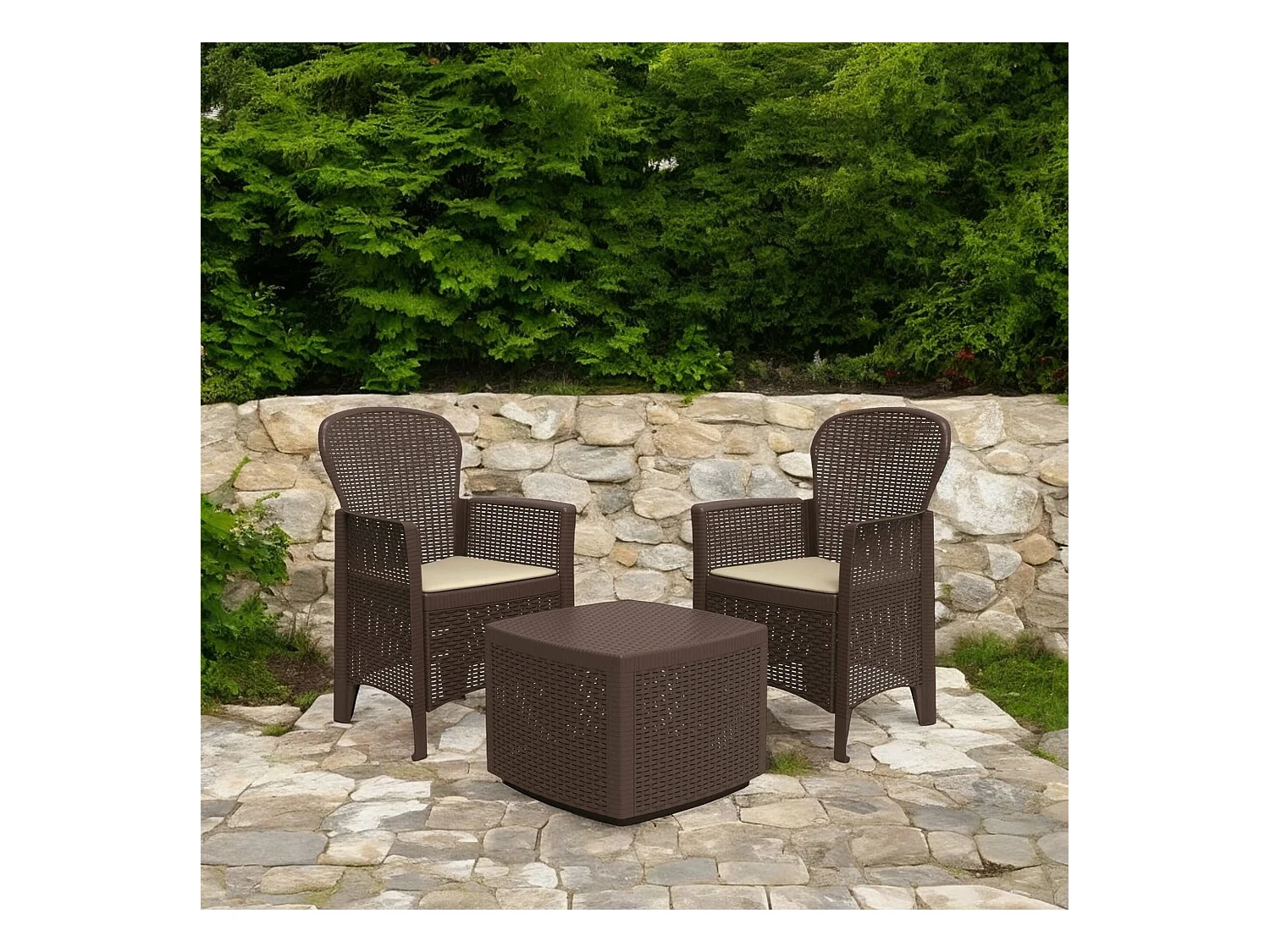 Salón de Jardín Napoli, Conjunto de jardín con 2 sillones y 1 mesa container, Zona de estar efecto ratán, 100% Made in Italy, Marrón