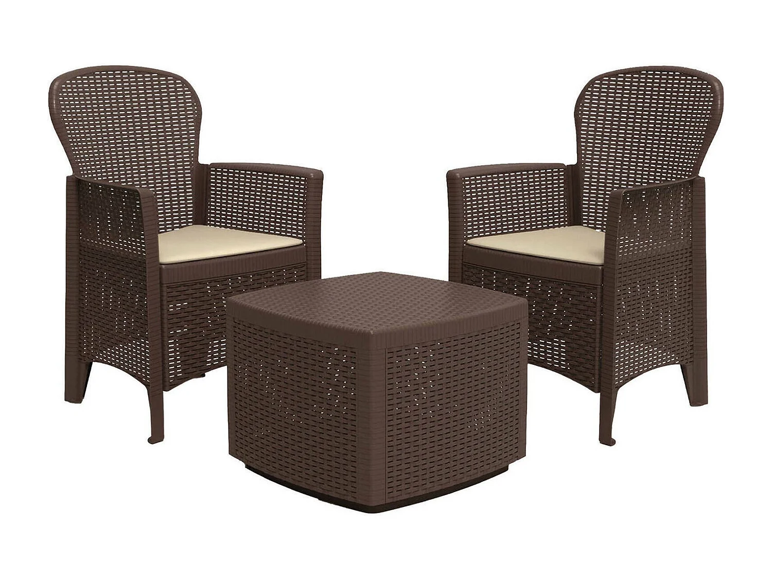 Naples buitenloungeset, Tuinset met 2 fauteuils en 1 opbergtafel, Lounge met rotaneffect, 100% Made in Italy, Bruin