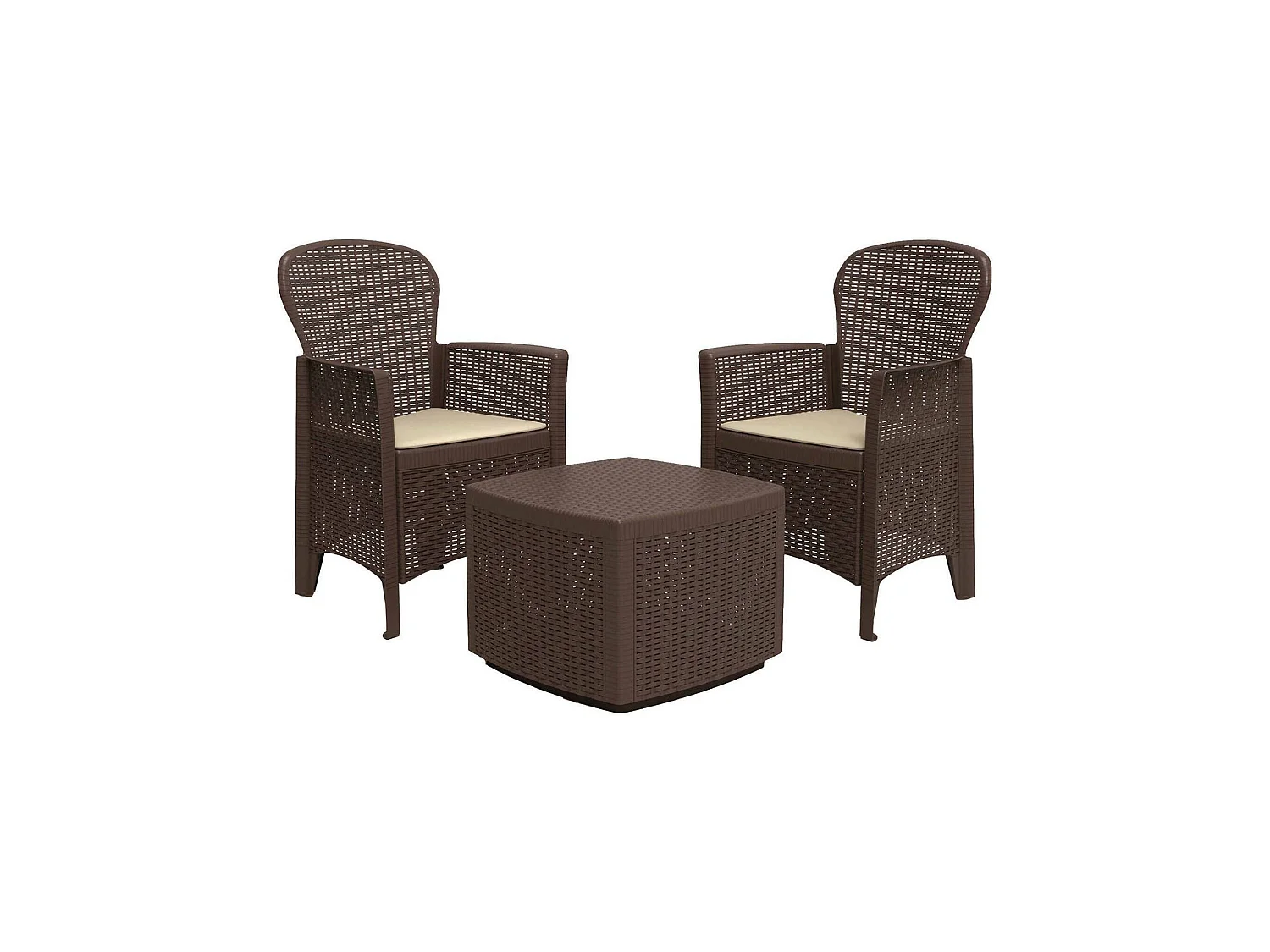 Ensemble de salon d'extérieur Naples, Composition de jardin avec 2 fauteuils et 1 table de rangement, Salon effet rotin, 100% Made in Italy, Marron