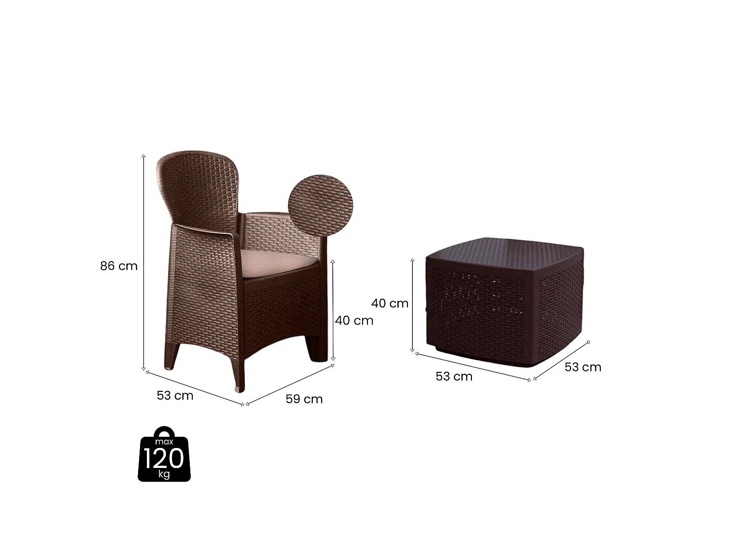Ensemble de salon d'extérieur Naples, Composition de jardin avec 2 fauteuils et 1 table de rangement, Salon effet rotin, 100% Made in Italy, Marron