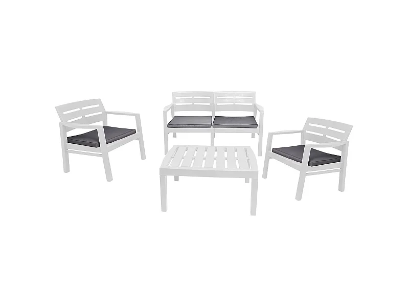 Set salon d’extérieur Massa, Salon de jardin avec 2 fauteuils, 1 canapé et 1 table basse, Salon intérieur et extérieur avec coussins, 100% Made in Italy, Blanc