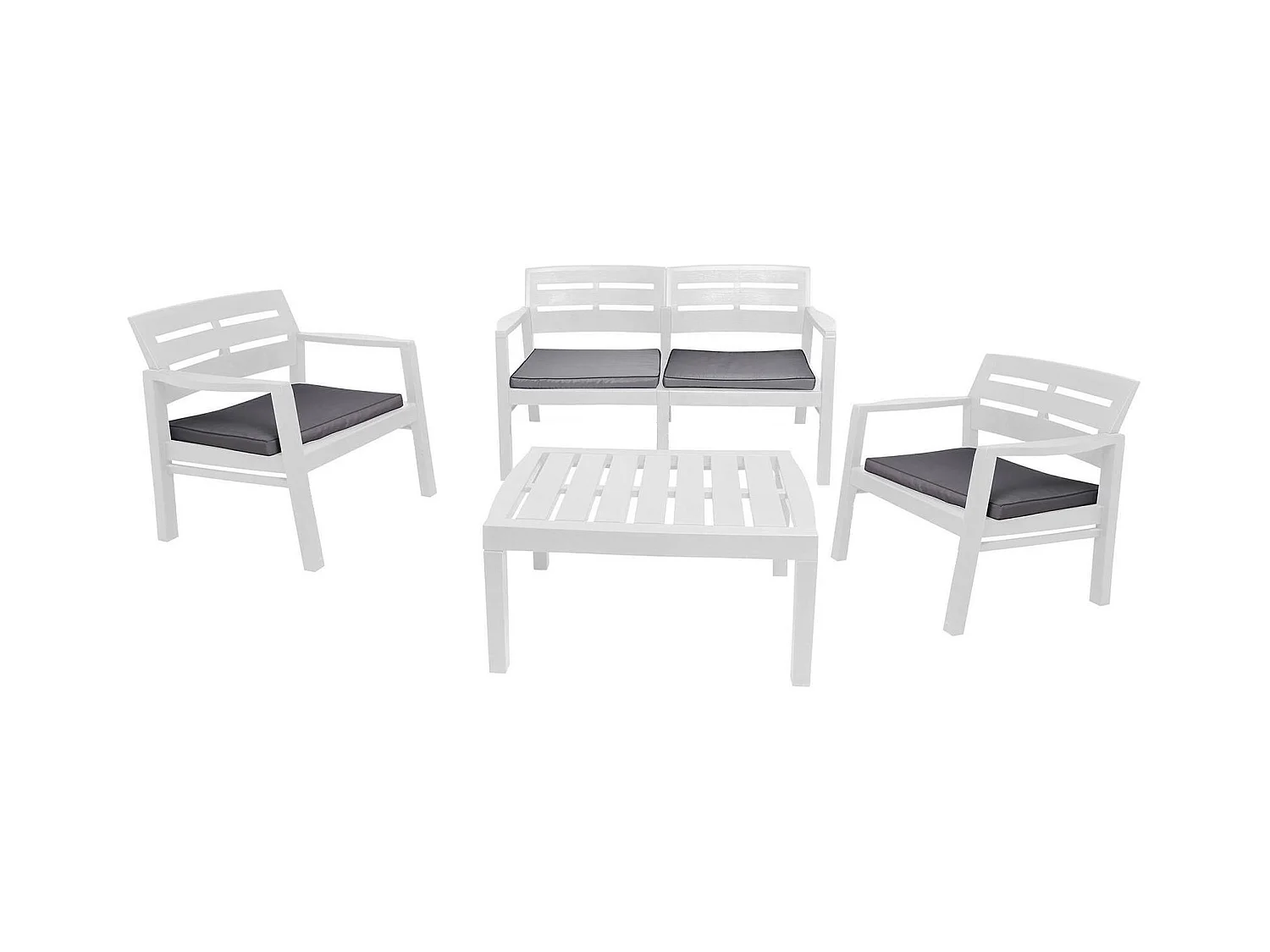 Outdoor-Lounge-Set Massa, Gartengarnitur mit 2 Sesseln, 1 Sofa und 1 Couchtisch, Innen- und Außensitzgruppe mit Kissen, 100 % Made in Italy, Weiß