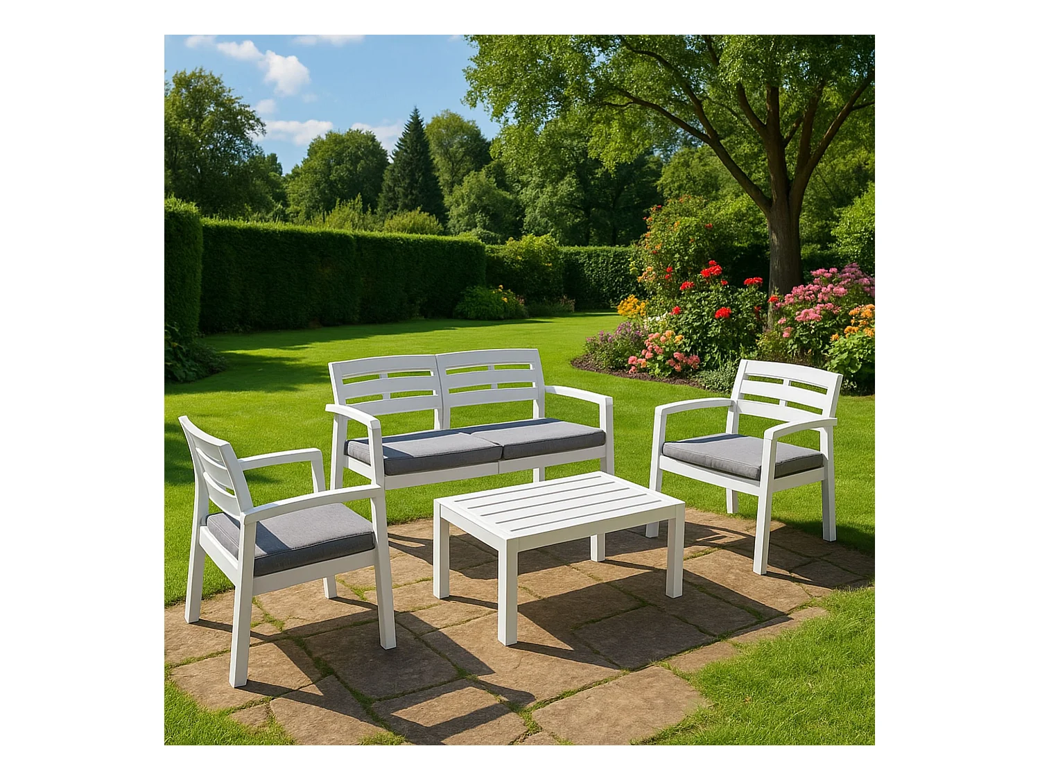 Outdoor-Lounge-Set Massa, Gartengarnitur mit 2 Sesseln, 1 Sofa und 1 Couchtisch, Innen- und Außensitzgruppe mit Kissen, 100 % Made in Italy, Weiß
