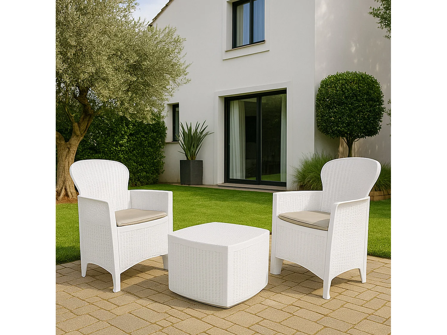 Set salon dâ€™extérieur Dakain, Salon de jardin composé de 2 fauteuils et 1 table conteneur, Salon effet rotin, 100% Made in Italy, Blanc