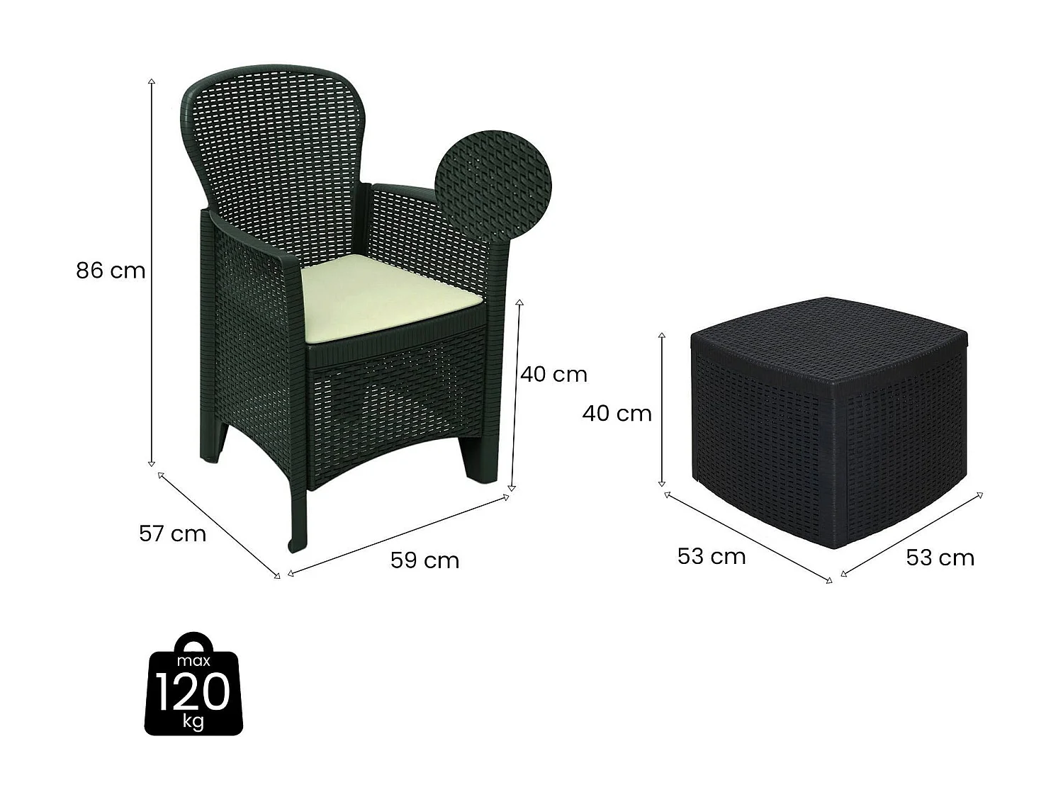 Naples buitenloungeset, Tuinset met 2 fauteuils en 1 opbergtafel, Lounge met rotaneffect, 100% Made in Italy, Antraciet