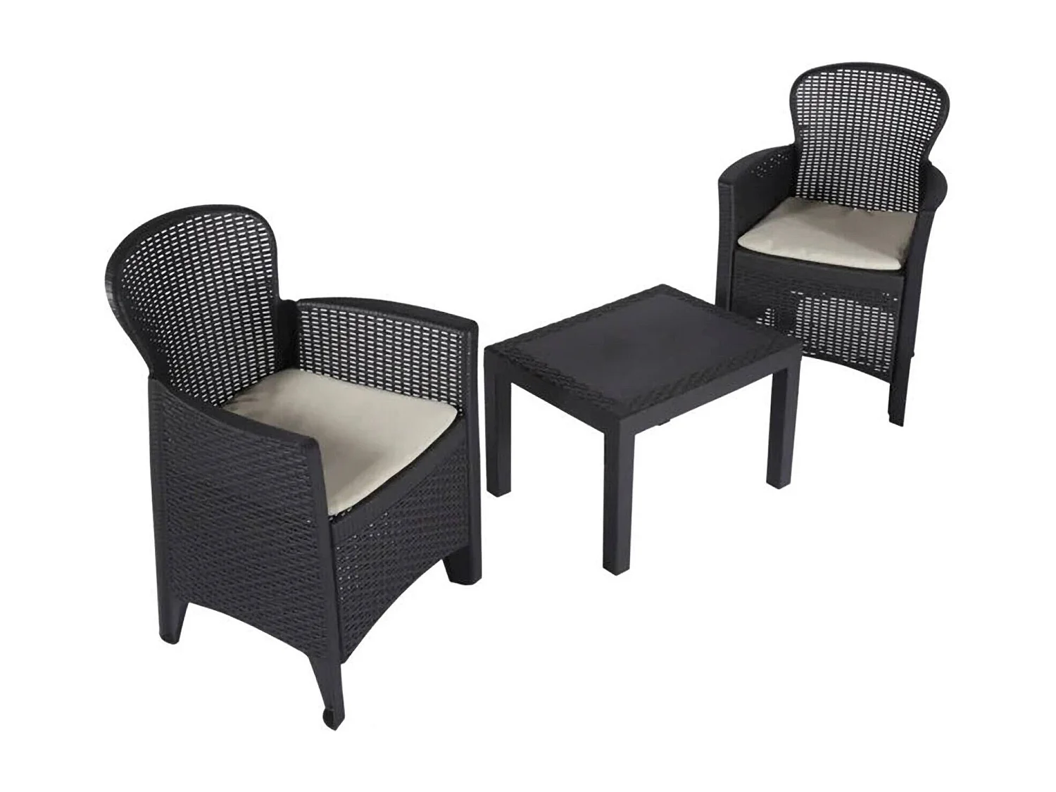 Set salotto da esterno Foggia, Set da giardino con 2 poltrone ed 1 tavolino, Salottino effetto rattan con cuscini, 100% Made in Italy, Antracite