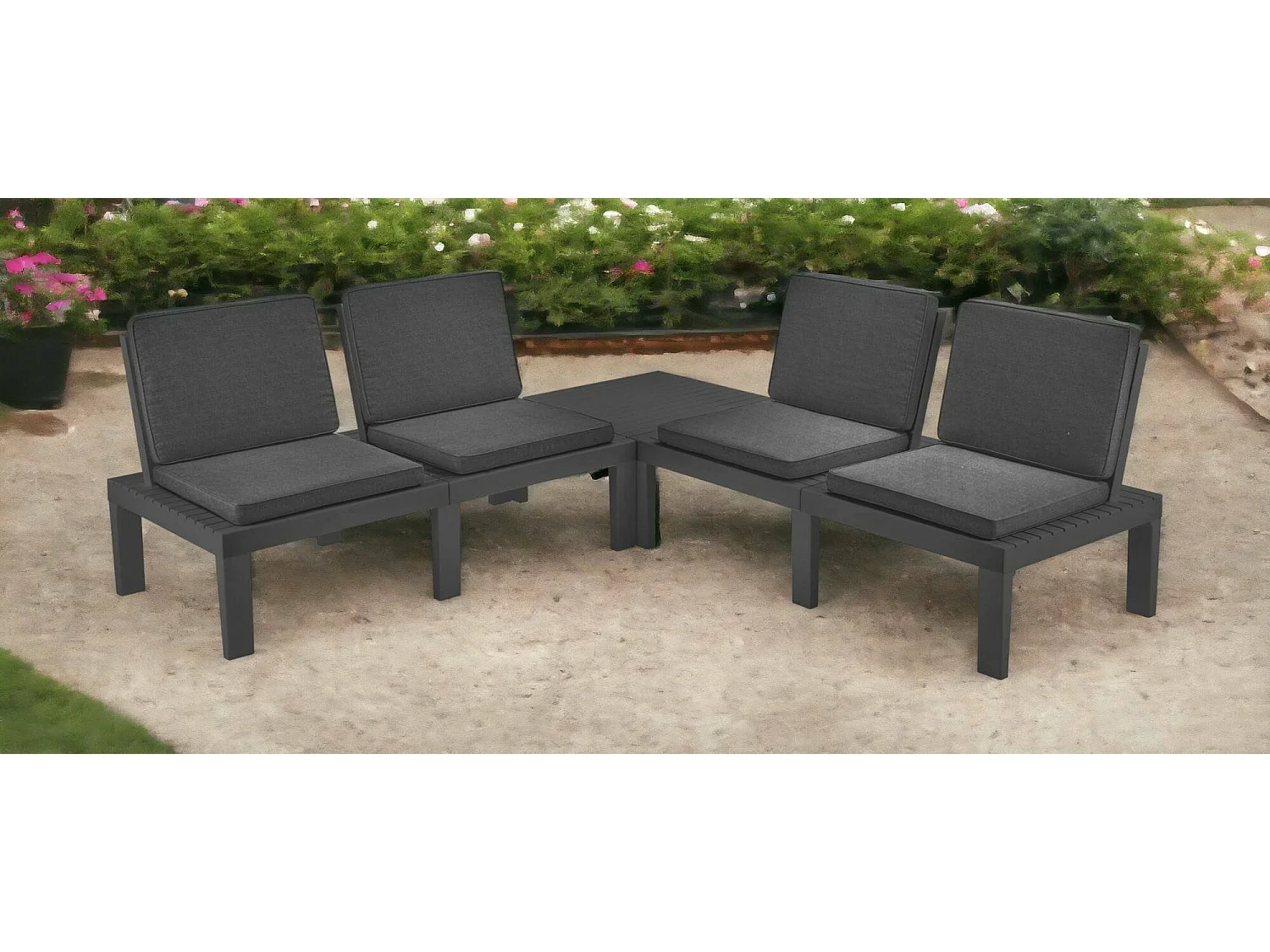 Vigevano outdoor loungeset, Tuinset met 4 zitplaatsen met rugleuning en 1 multifunctionele module, Lounge met kussens, 100% Made in Italy, Antraciet