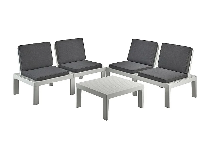 Ensemble de salon d'extérieur Vigevano, Composition de jardin avec 4 sièges avec dossier et 1 module multifonction, Lounge avec coussins, 100% Made in Italy, Blanc