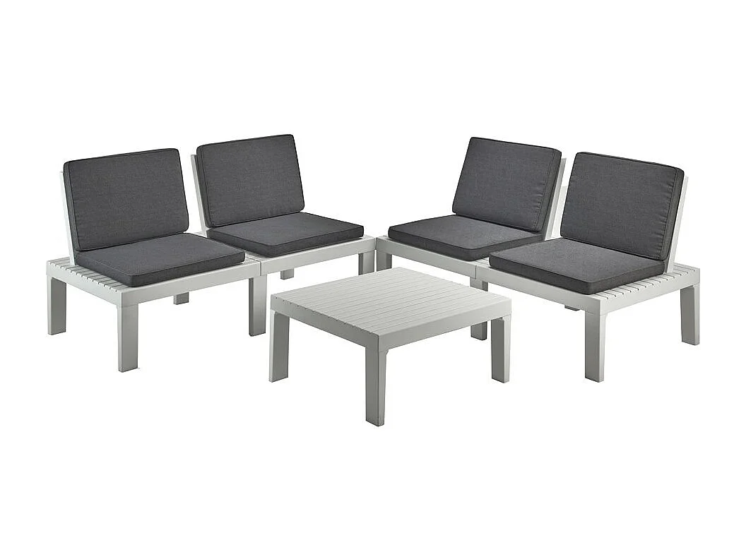 Ensemble de salon d'extérieur Vigevano, Composition de jardin avec 4 sièges avec dossier et 1 module multifonction, Lounge avec coussins, 100% Made in Italy, Blanc