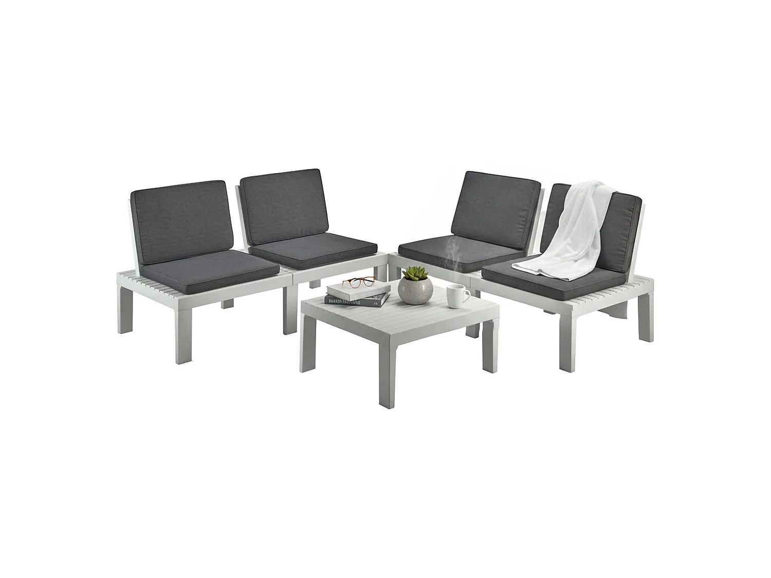Set salotto da esterno Vigevano, Set da giardino con 4 sedute con schienale ed 1 modulo multifunzione, Salottino con cuscini, 100% Made in Italy, Bianco
