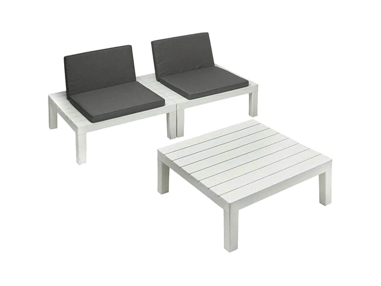 Set salotto da esterno Vigevano, Set da giardino con 4 sedute con schienale ed 1 modulo multifunzione, Salottino con cuscini, 100% Made in Italy, Bianco