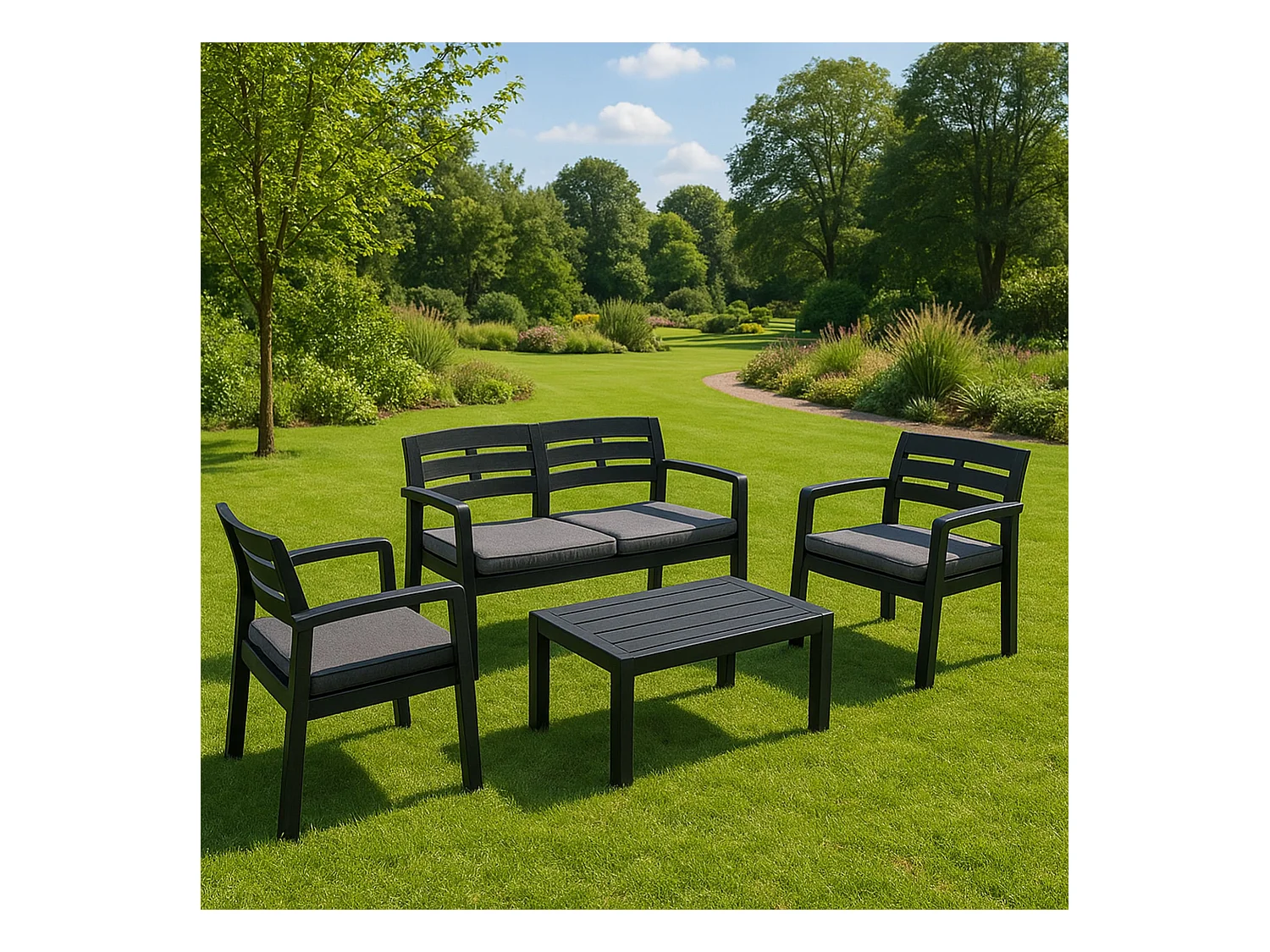 Massa outdoor loungeset, Tuinset met 2 fauteuils, 1 bank en 1 salontafel, Binnen- en buitenlounge met kussens, 100% Made in Italy, Antraciet