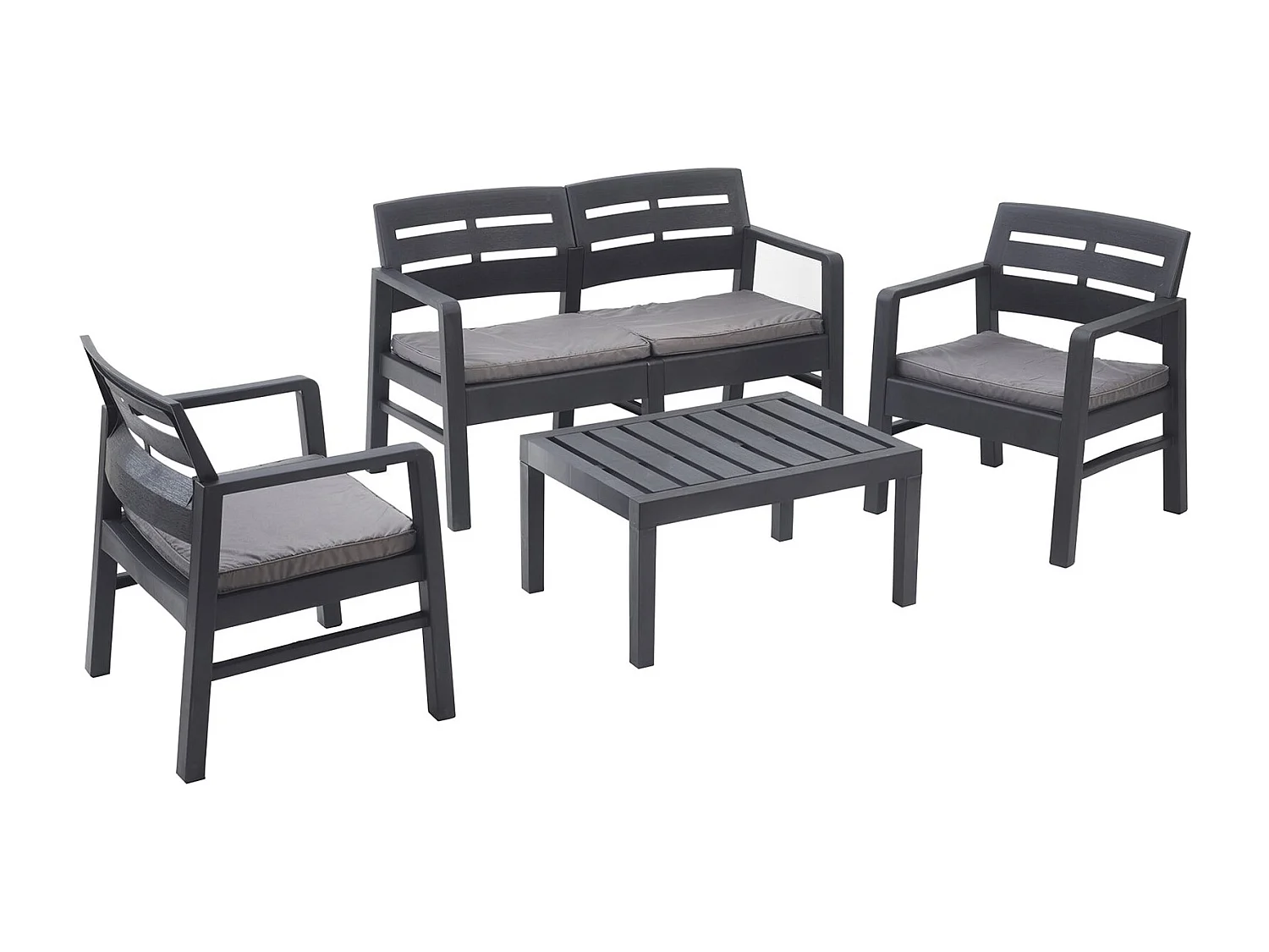 Massa outdoor loungeset, Tuinset met 2 fauteuils, 1 bank en 1 salontafel, Binnen- en buitenlounge met kussens, 100% Made in Italy, Antraciet