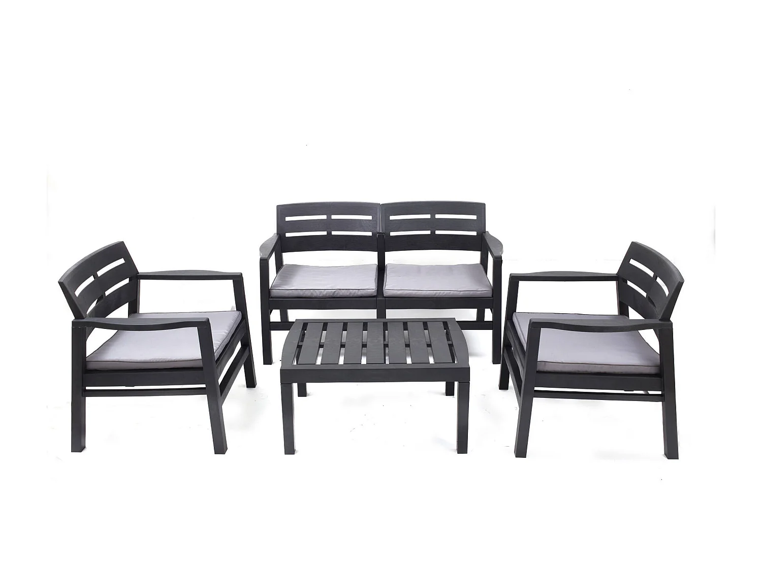 Massa outdoor loungeset, Tuinset met 2 fauteuils, 1 bank en 1 salontafel, Binnen- en buitenlounge met kussens, 100% Made in Italy, Antraciet