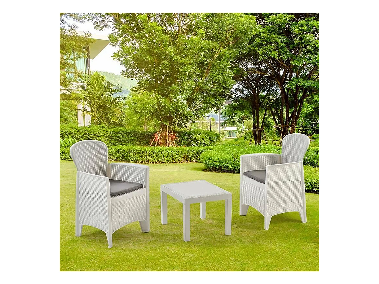 Foggia buitenloungeset, Tuinset met 2 fauteuils en 1 salontafel, Loungeset met rotaneffect en kussens, 100% Made in Italy, Wit