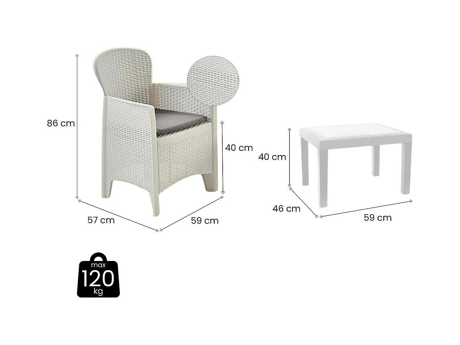 Foggia buitenloungeset, Tuinset met 2 fauteuils en 1 salontafel, Loungeset met rotaneffect en kussens, 100% Made in Italy, Wit