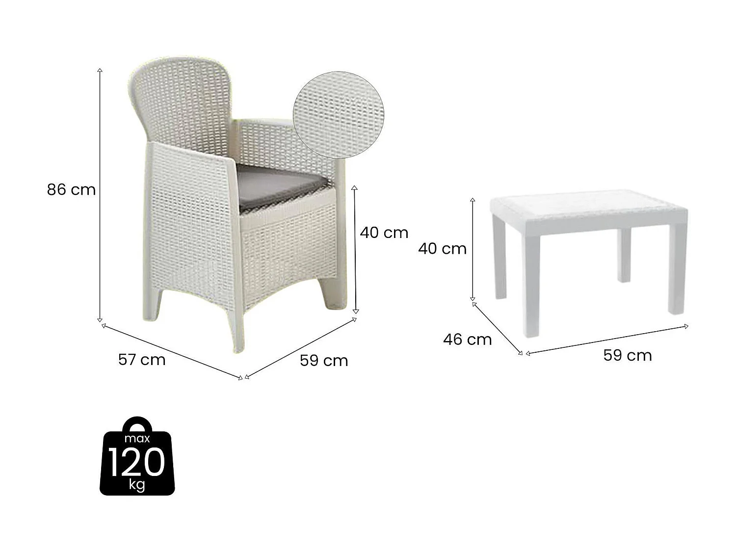 Conjunto lounge ao ar livre Foggia, Conjunto de jardim com 2 poltronas e 1 mesa de centro, Lounge efeito Rattan com almofadas, 100% Fabricado na Itália, Branco