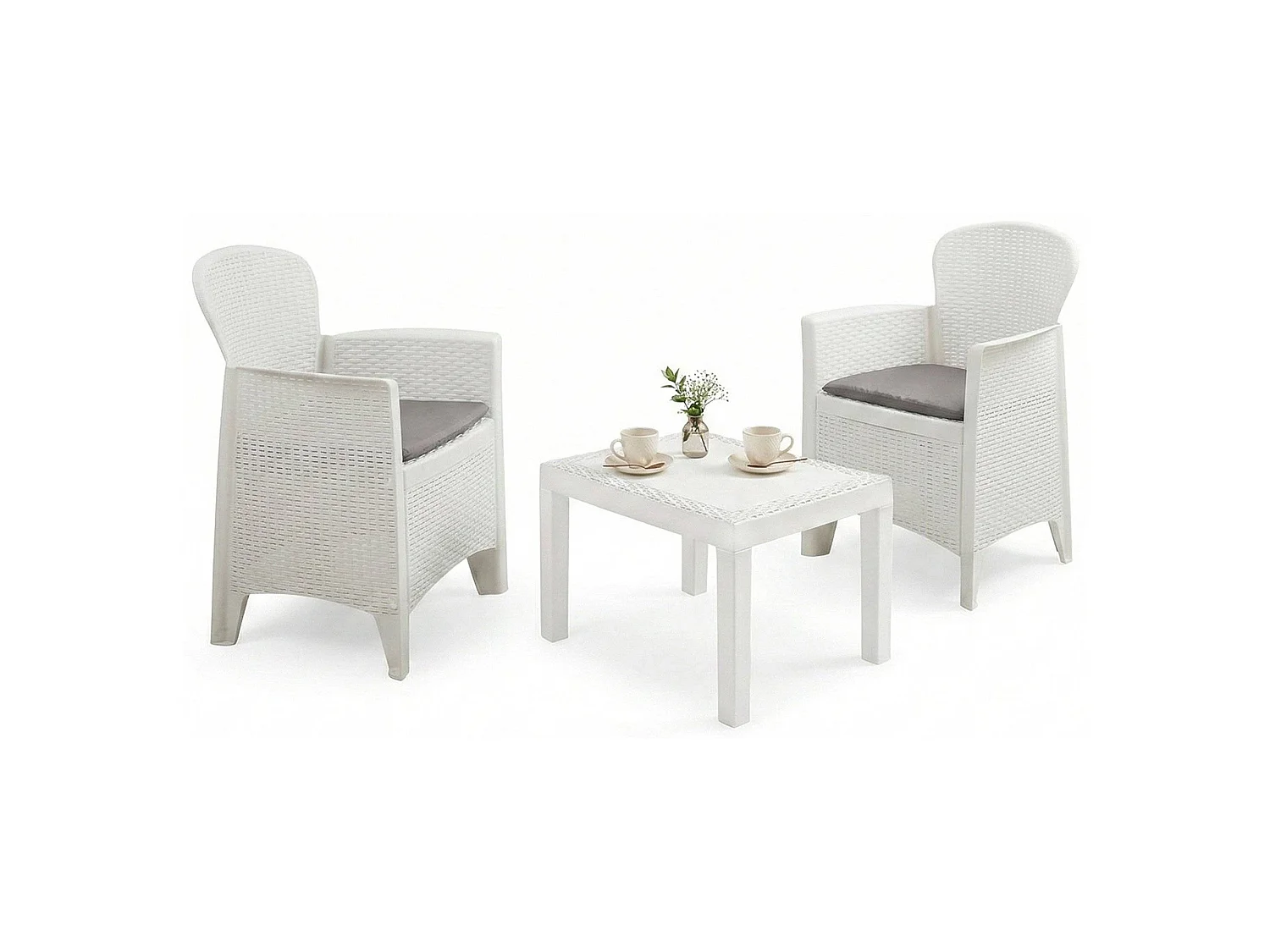 Conjunto lounge ao ar livre Foggia, Conjunto de jardim com 2 poltronas e 1 mesa de centro, Lounge efeito Rattan com almofadas, 100% Fabricado na Itália, Branco