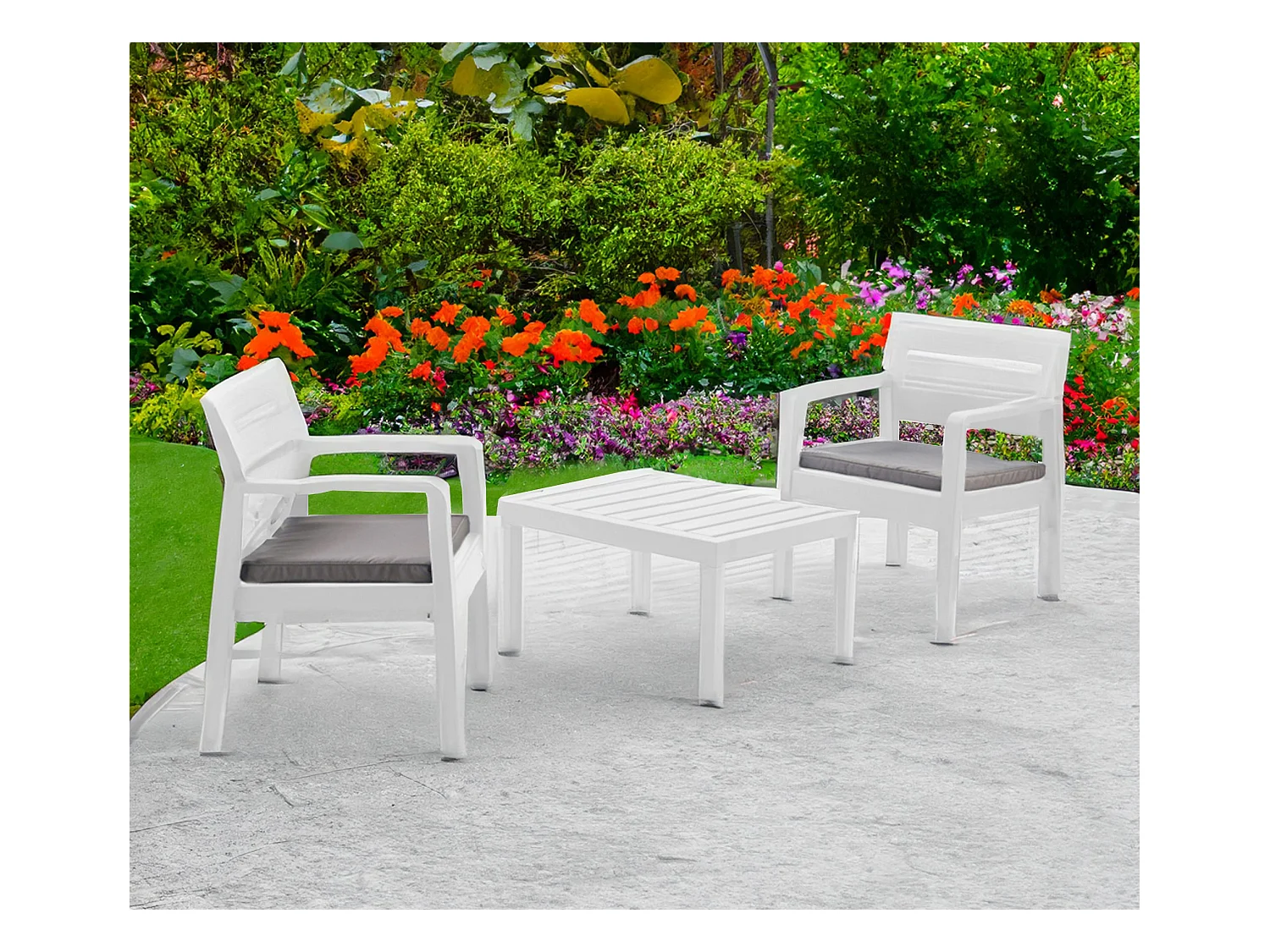 Benevento outdoor loungeset, Tuinset met 2 fauteuils en 1 salontafel, Binnen- en buitenlounge met kussens, 100% Made in Italy, Wit