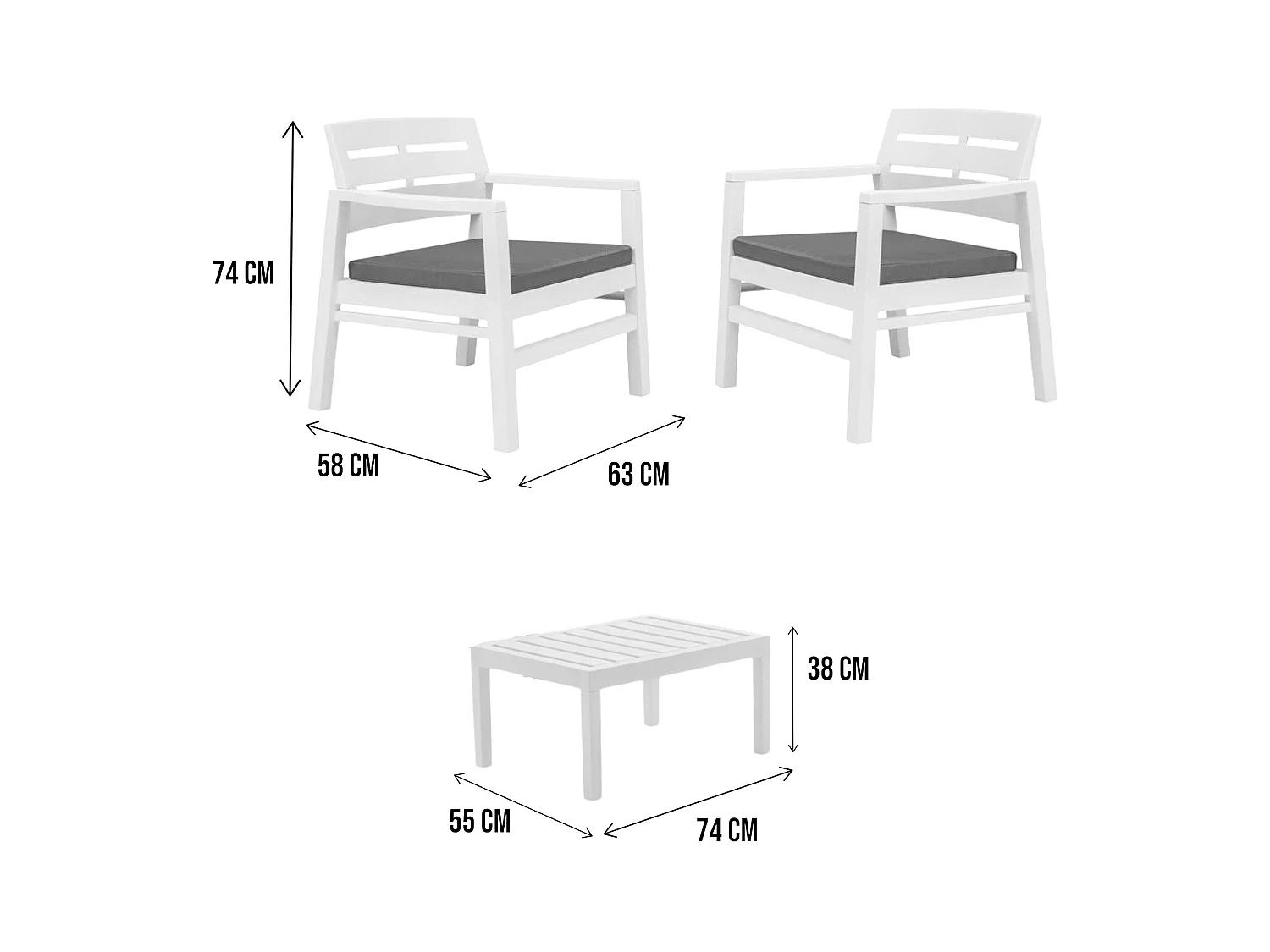 Benevento outdoor loungeset, Tuinset met 2 fauteuils en 1 salontafel, Binnen- en buitenlounge met kussens, 100% Made in Italy, Wit