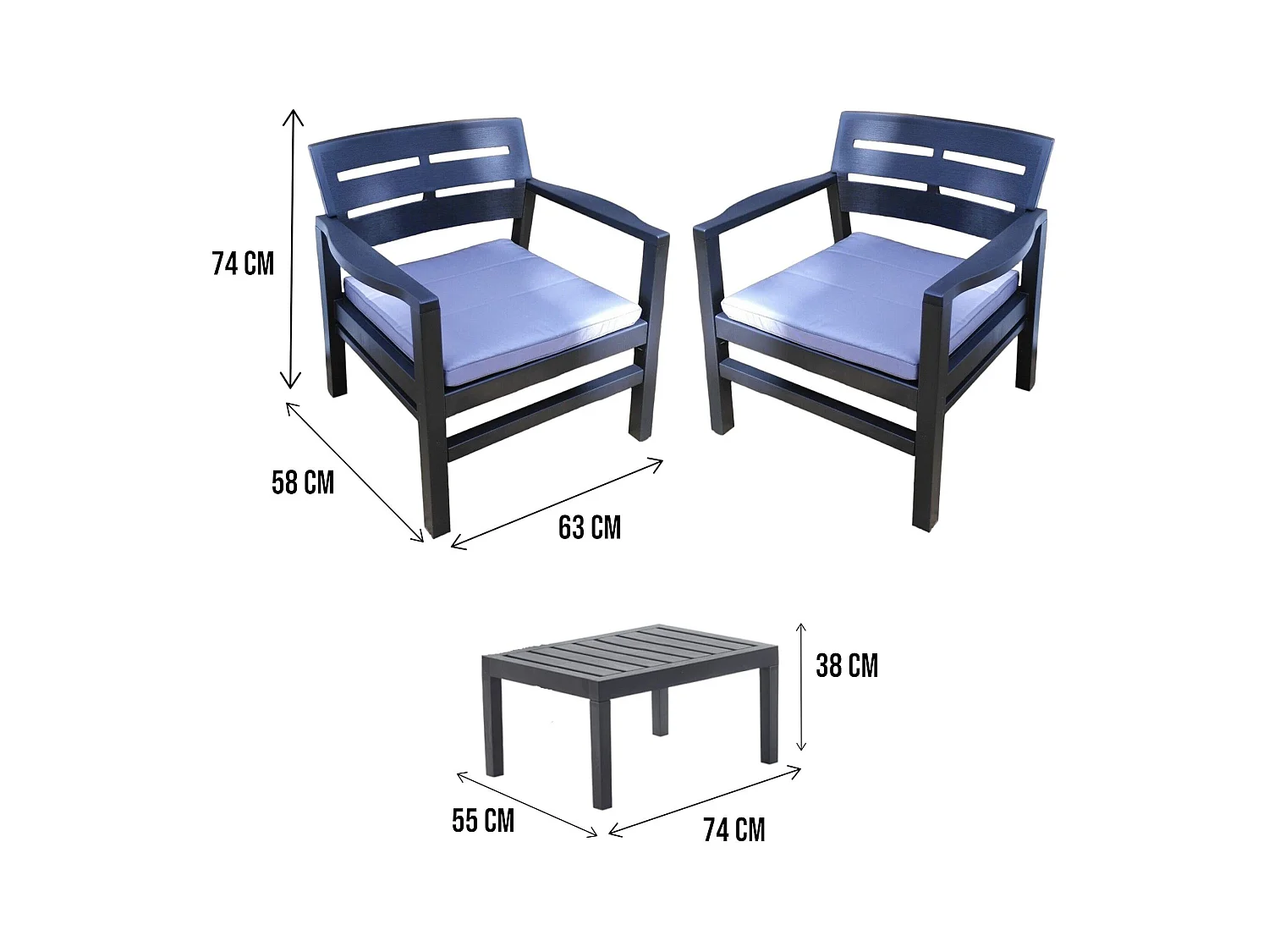 Salón de Jardín Benevento, Conjunto de jardín con 2 sillones y 1 mesa de centro, Zona de estar interior y exterior con cojines, 100% Made in Italy, Antracita
