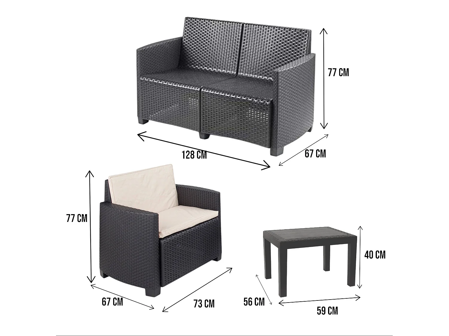 Sassari buitenloungeset, Tuinset met 2 fauteuils, 1 bank en 1 salontafel, Rotan effect lounge met kussens, 100% Made in Italy, Antraciet