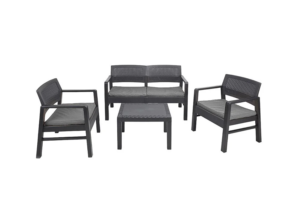 Set salotto da esterno Carpi, Composizione da giardino con 2 poltrone, 1 divano ed 1 tavolino, Salottino effetto rattan con cuscini, 100% Made in Italy, Antracite