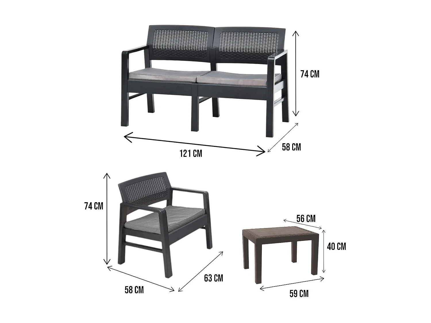 Set salotto da esterno Carpi, Set da giardino con 2 poltrone, 1 divano ed 1 tavolino, Salottino effetto rattan con cuscini, 100% Made in Italy, Antracite