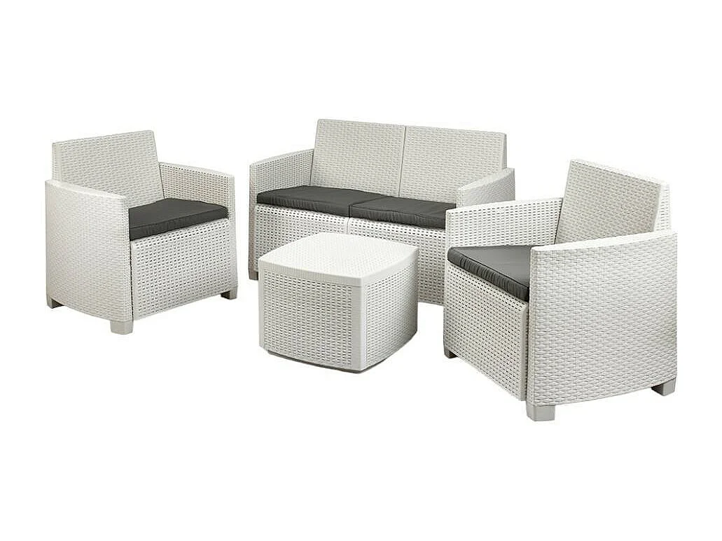 Set salon d’extérieur Catanzaro, Salon de jardin composé de 2 fauteuils, 1 canapé et 1 table de rangement, effet rotin avec coussins, 100% Made in Italy, Blanc
