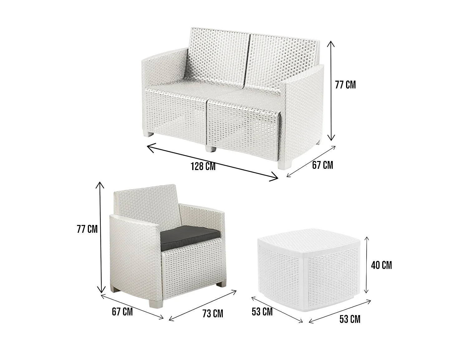 Set salon d’extérieur Catanzaro, Salon de jardin composé de 2 fauteuils, 1 canapé et 1 table de rangement, effet rotin avec coussins, 100% Made in Italy, Blanc