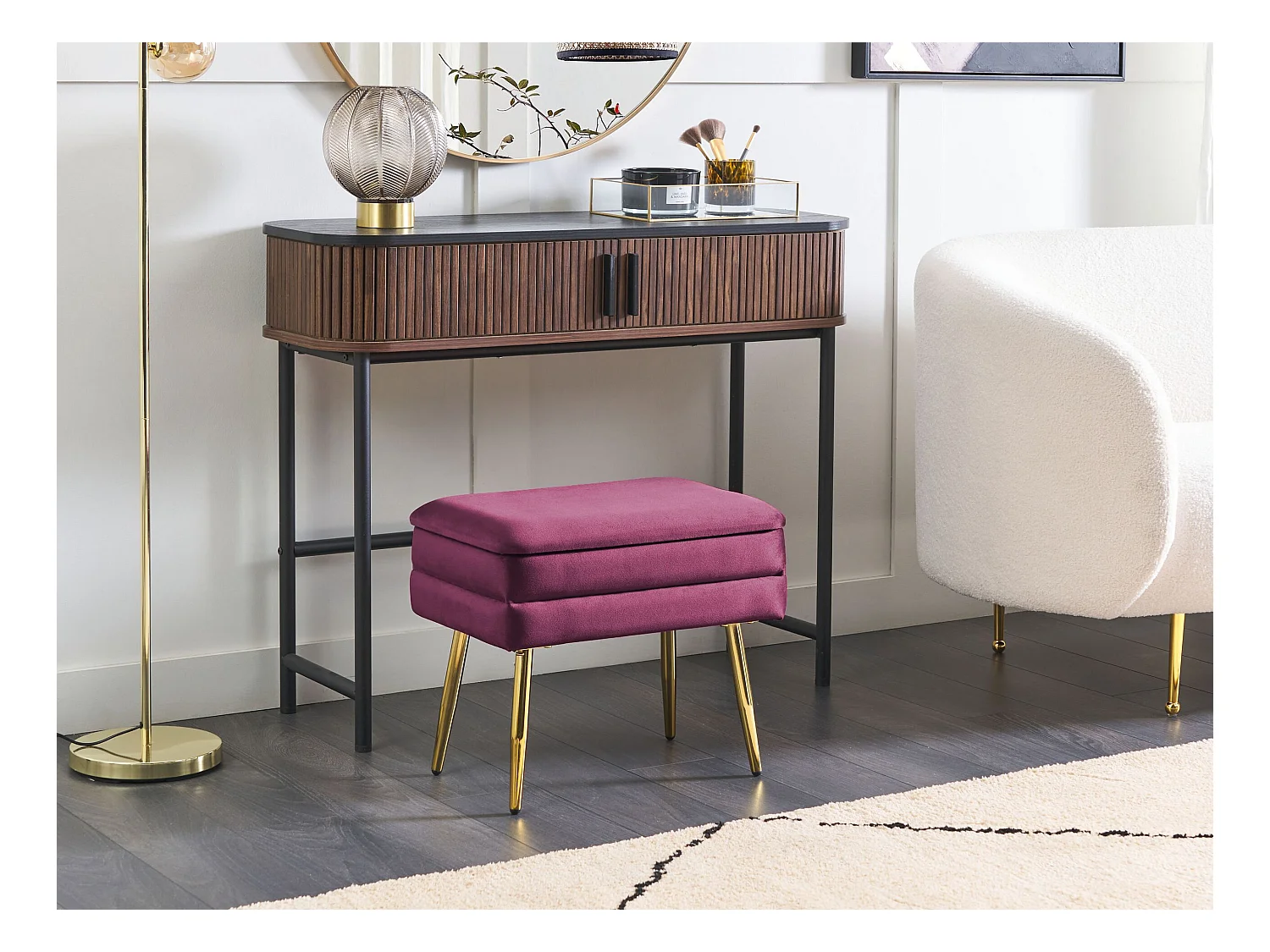 Bank mit Stauraum aus Samtstoff rot burgund mit goldenen Metallbeinen Odessa