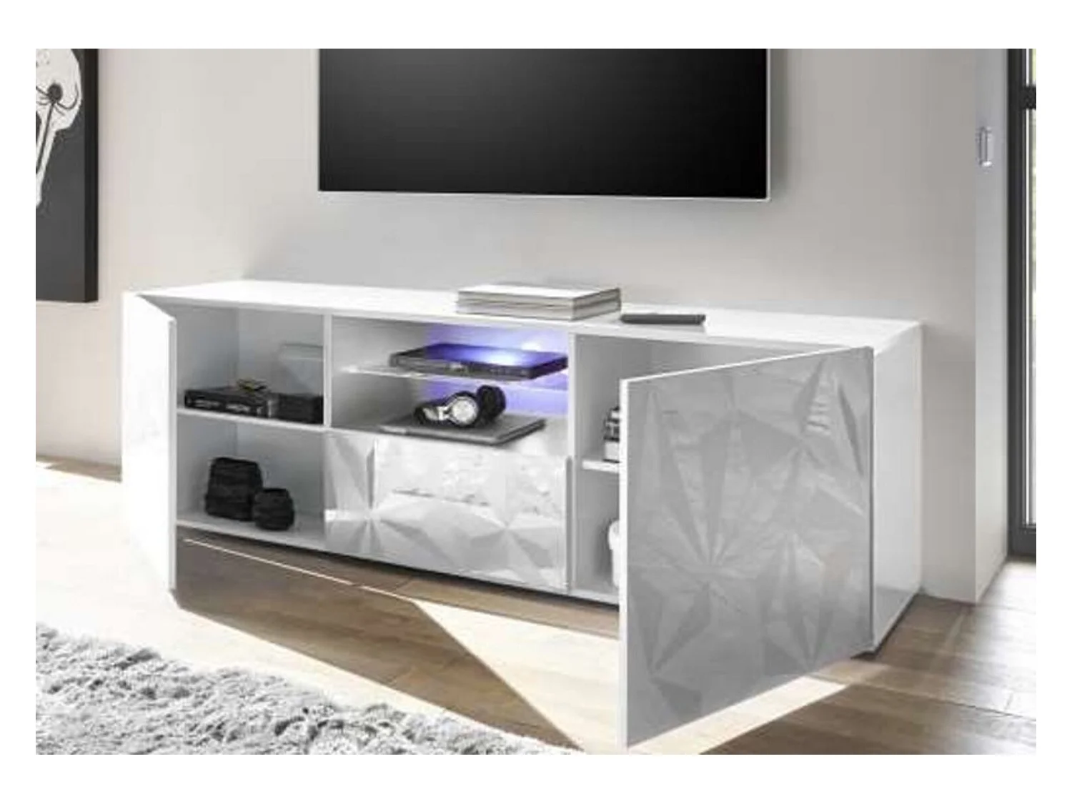 Meuble Tv LUTHER 2 portes 1 tiroir blanc 181x57 cm