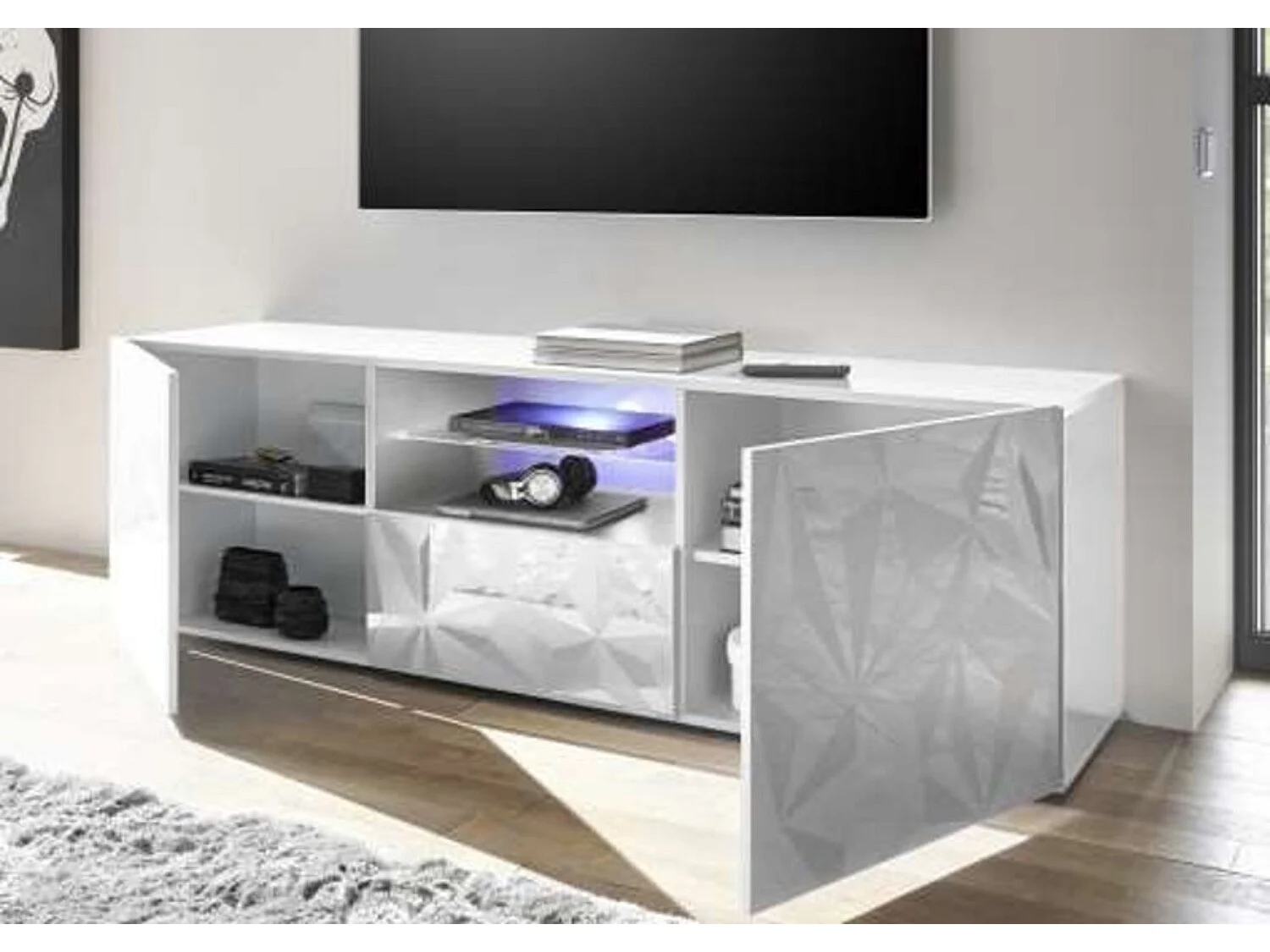 Meuble Tv LUTHER 2 portes 1 tiroir blanc 181x57 cm