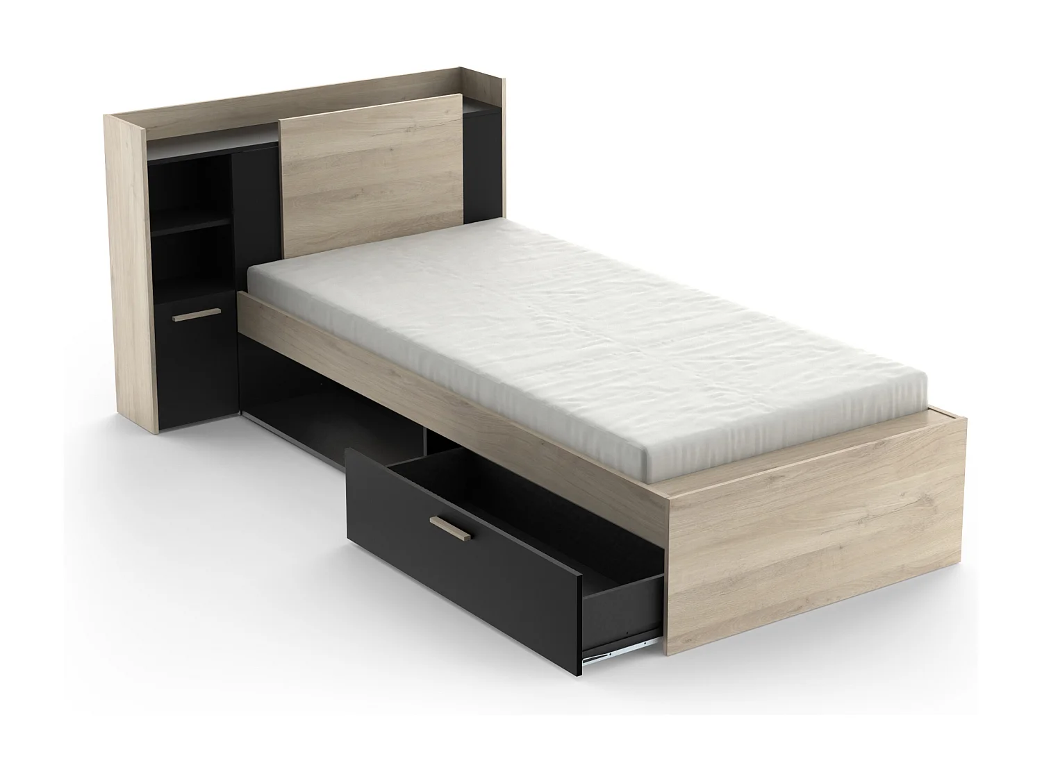 Justerbar säng 90 x 190/200 cm med förvaring - Svart och naturlig - MARTELO