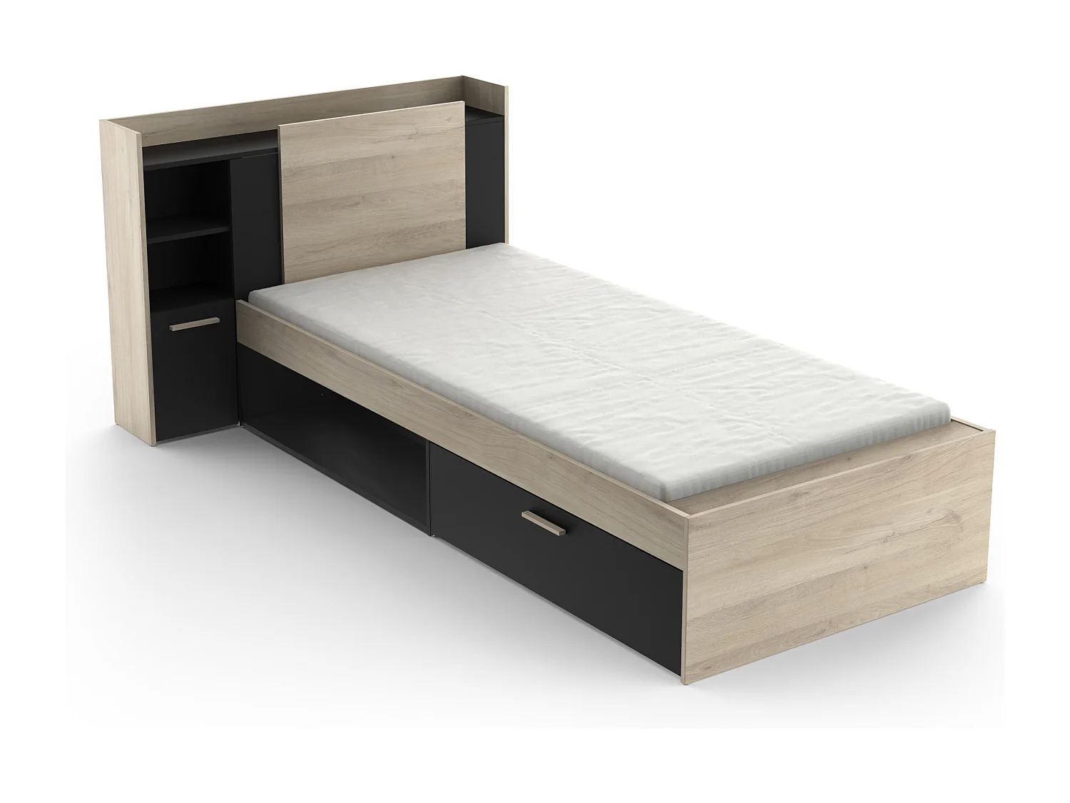 Justerbar säng 90 x 190/200 cm med förvaring - Svart och naturlig - MARTELO