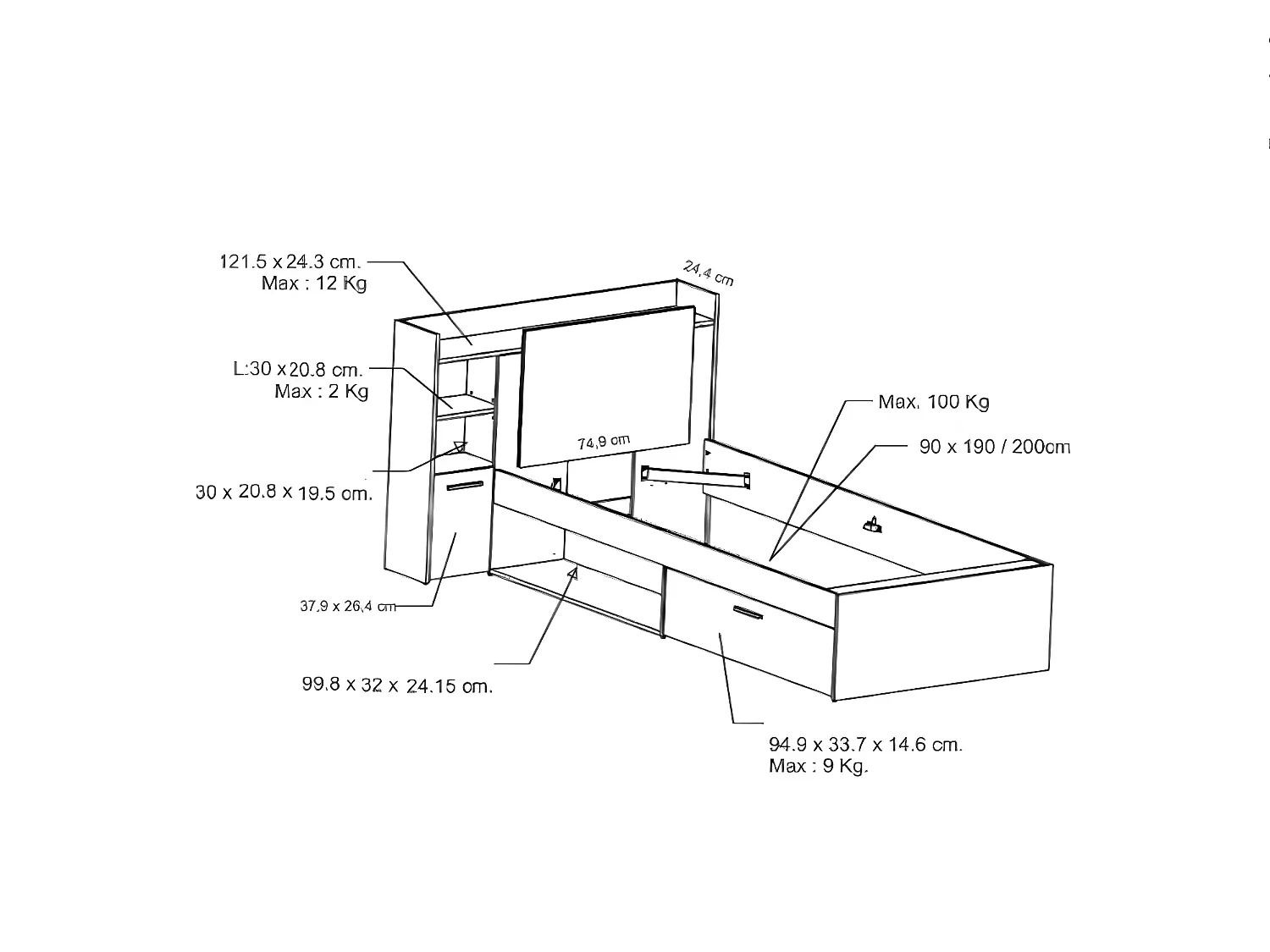 Justerbar säng 90 x 190/200 cm med förvaring - Svart och naturlig - MARTELO