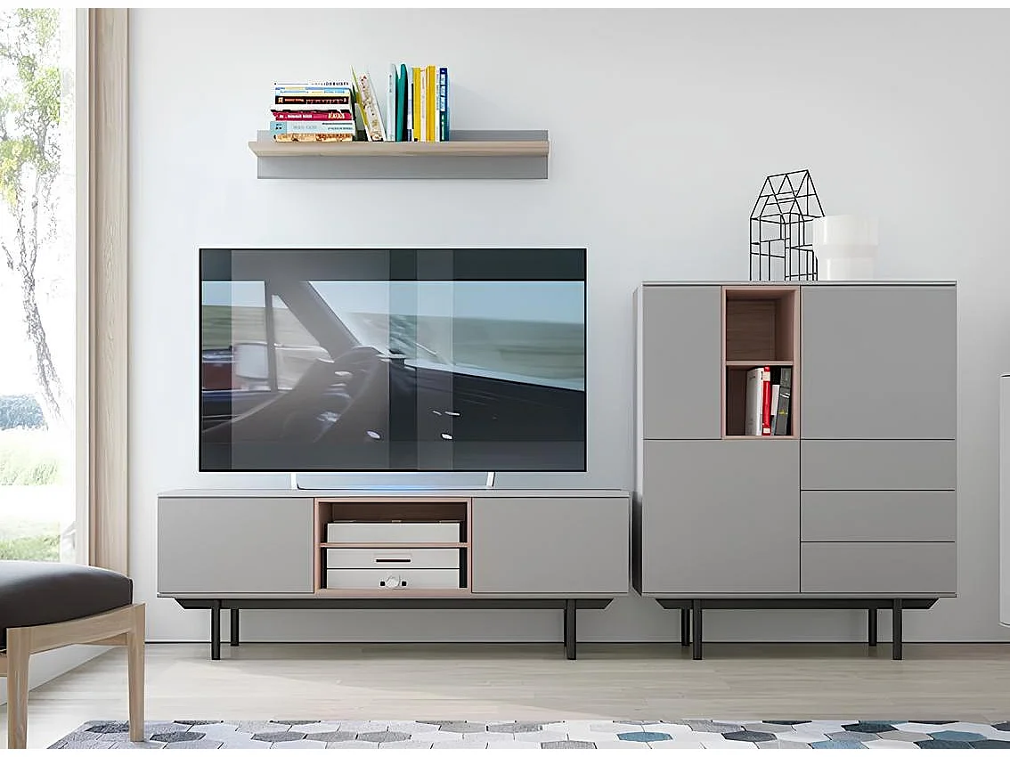 Ensemble meuble TV, buffet haut et étagère mural INOX gris 150 cm