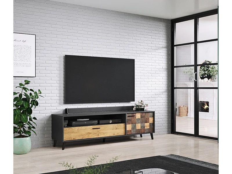 Meuble tv ALEKSANDER 177 x 52 x 45 cm noir et bois