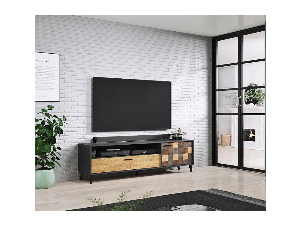 Meuble tv ALEKSANDER 177 x 52 x 45 cm noir et bois