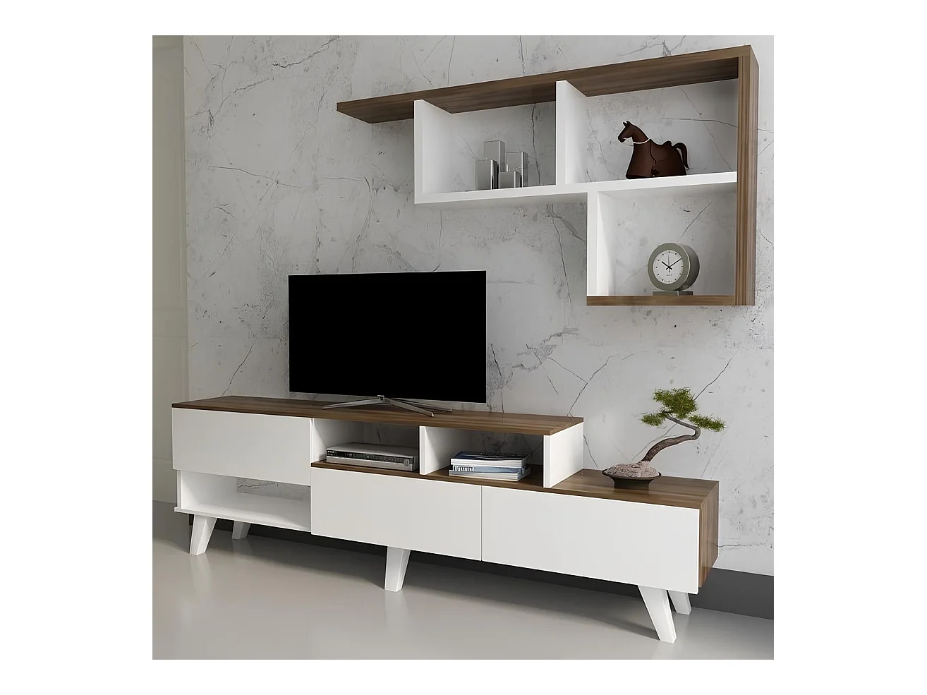 Ensemble meuble TV HAZAN 1 150 cm blanc et bois