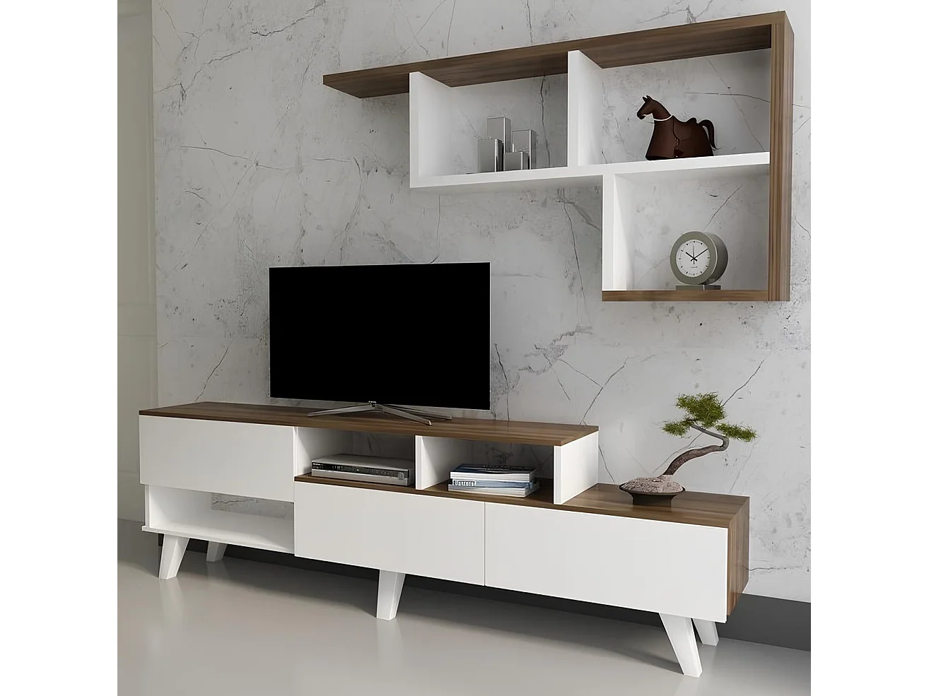 Ensemble meuble TV HAZAN 1 150 cm blanc et bois