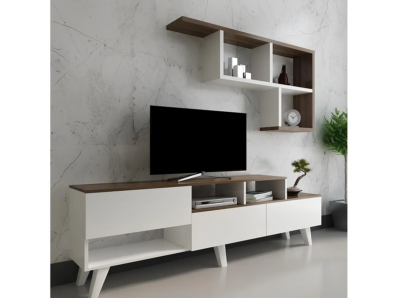 Ensemble meuble TV HAZAN 1 150 cm blanc et bois